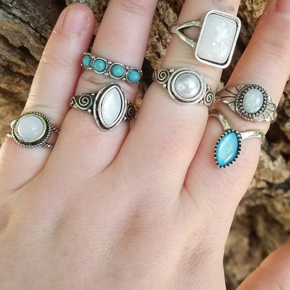 Boho Gypsy SILVER Opal Moonstone Midi Ring Set - Picture 5 of 7